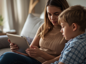 Mãe a configurar proteções parentais no tablet do filho em casa com ambiente familiar seguro.
