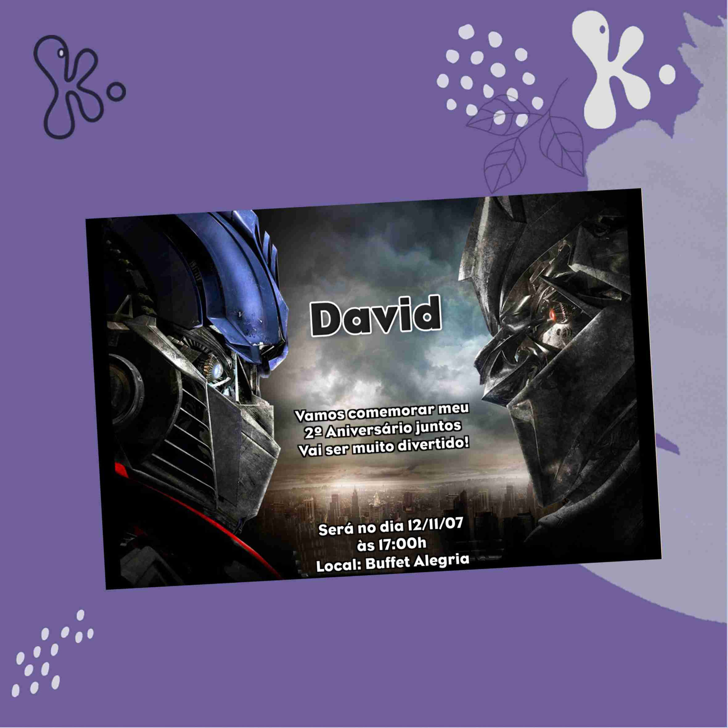 Convite Digital Transformers com Optimus Prime e Megatron frente a frente, ideal para aniversário infantil personalizado
