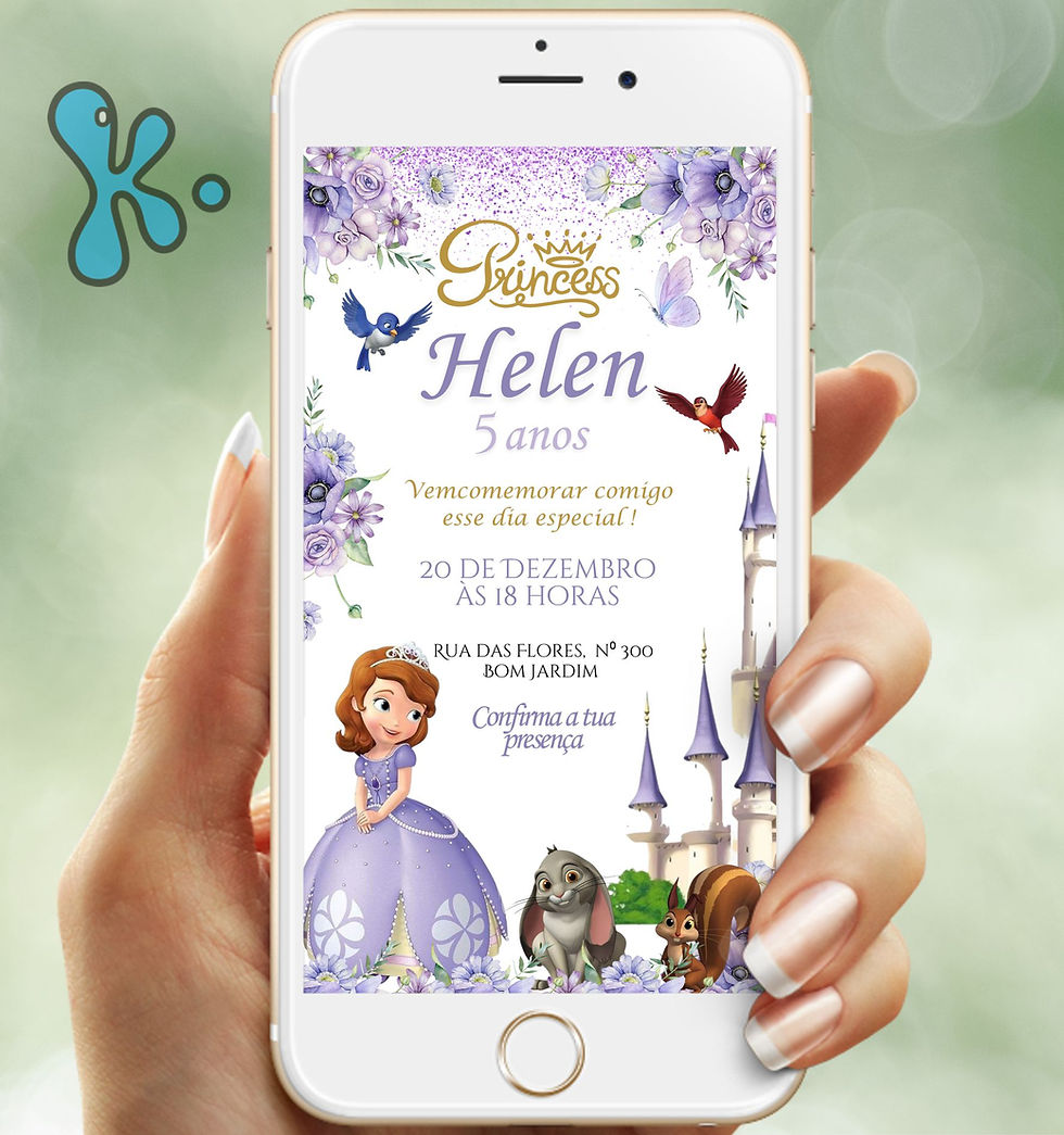 Convite digital Princesa Sofia com vestido lilás, castelo e animais encantados