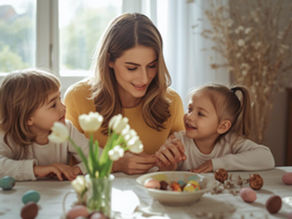 Mãe explica a Páscoa às crianças enquanto decoram ovos numa mesa de Páscoa familiar.
