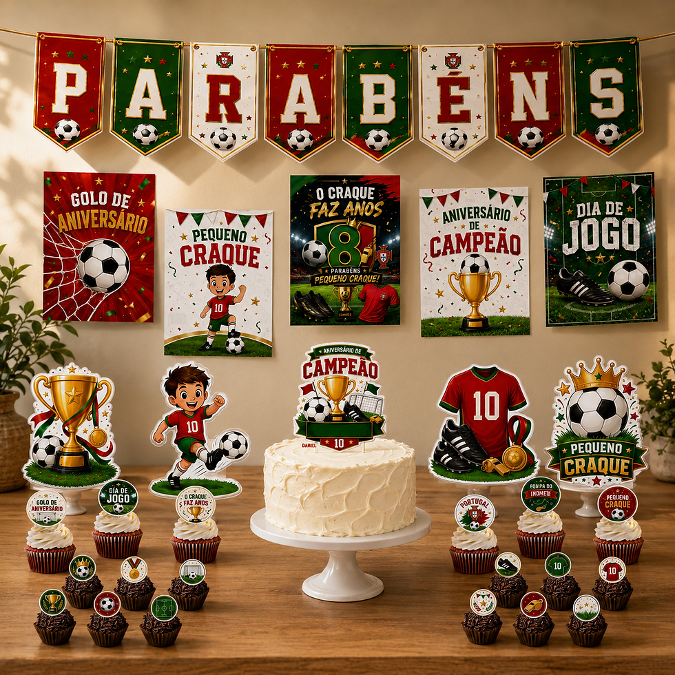 Kit Festa Futebol Portugal com cartazes, bandeirola, topo de bolo, figuras decorativas e toppers personalizados