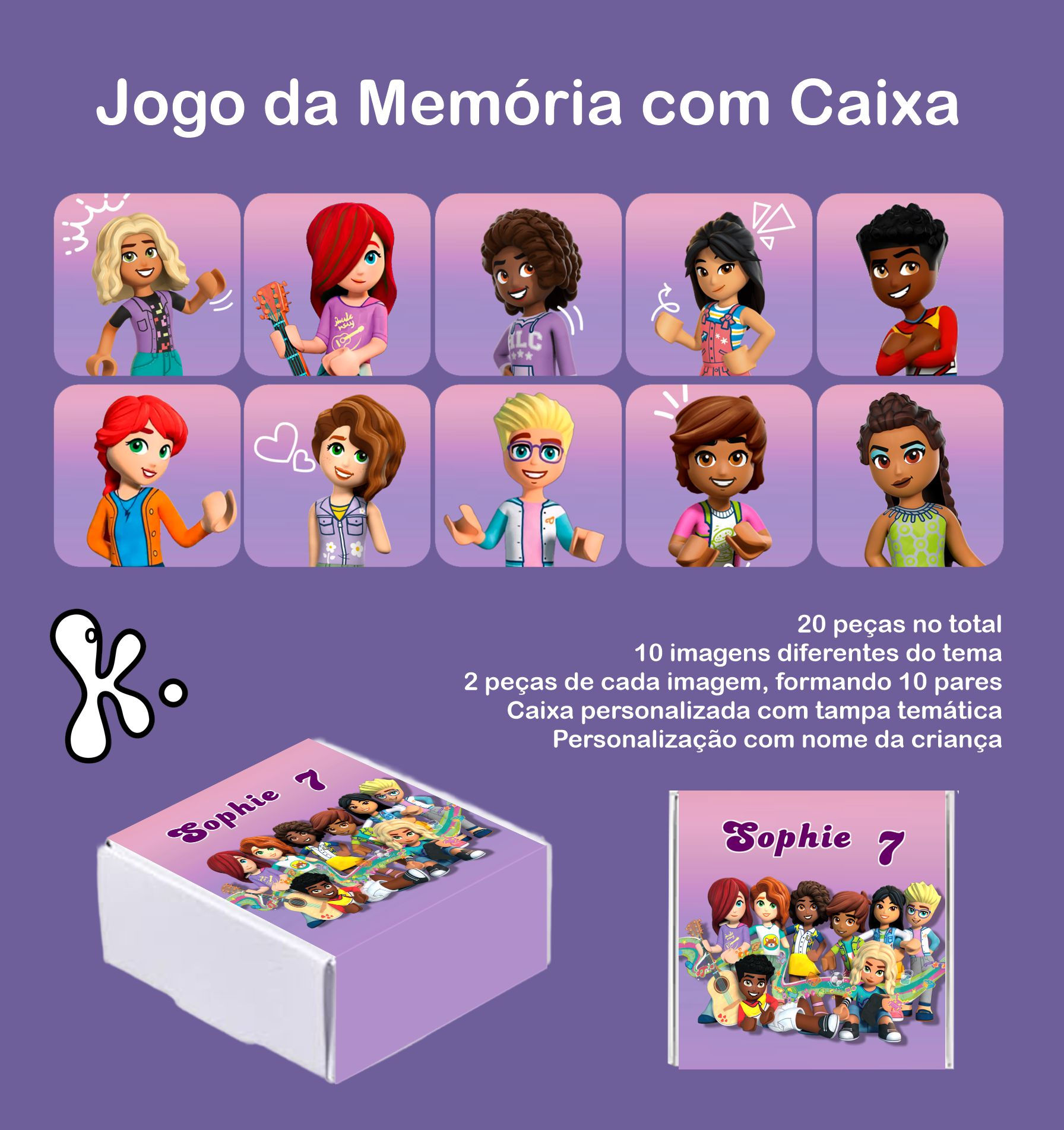 Jogo da memória com caixa Lego Friends personalizado com 20 peças e caixa temática.