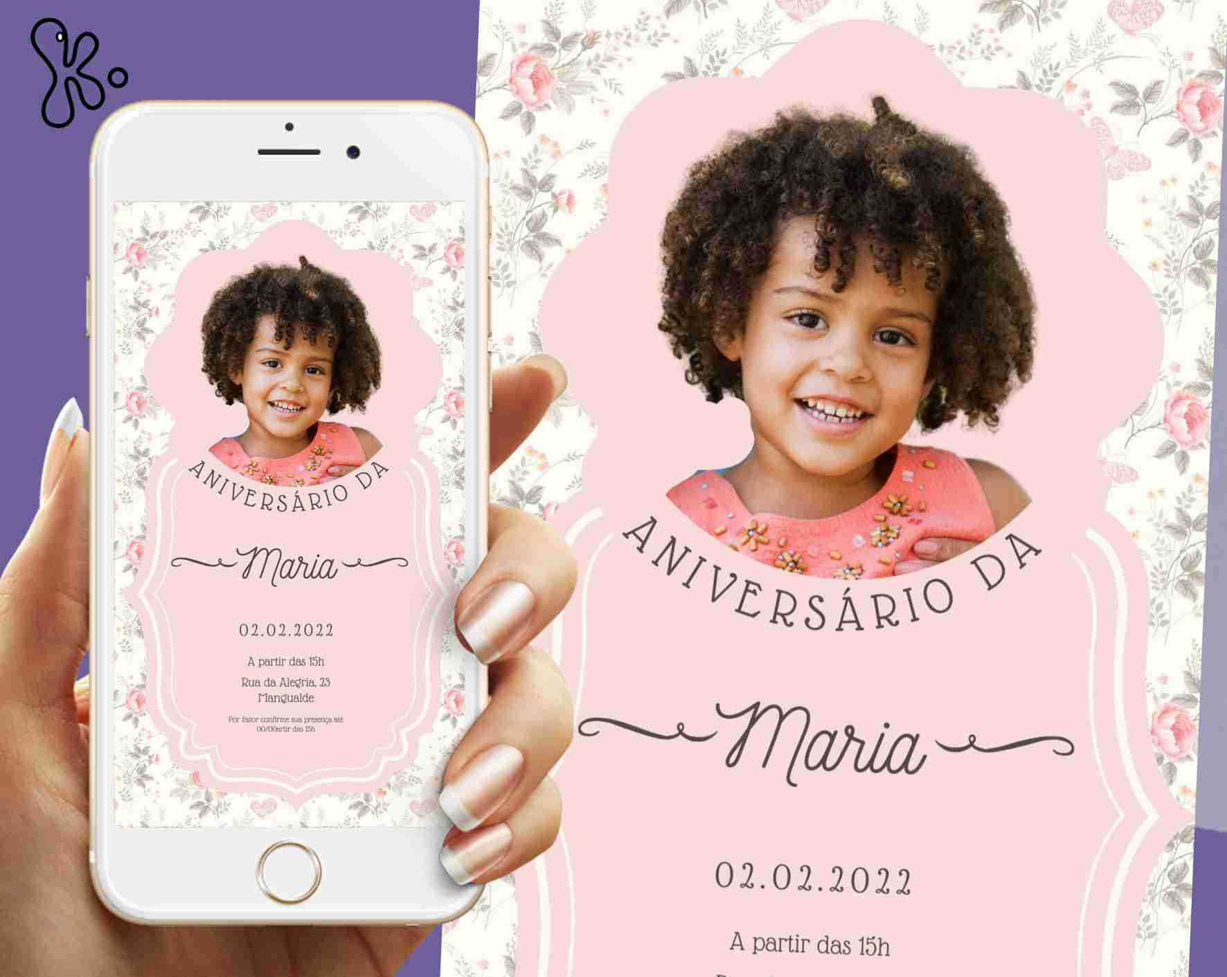 Convite digital de menina com foto, design rosa floral e informações personalizadas para aniversário infantil
