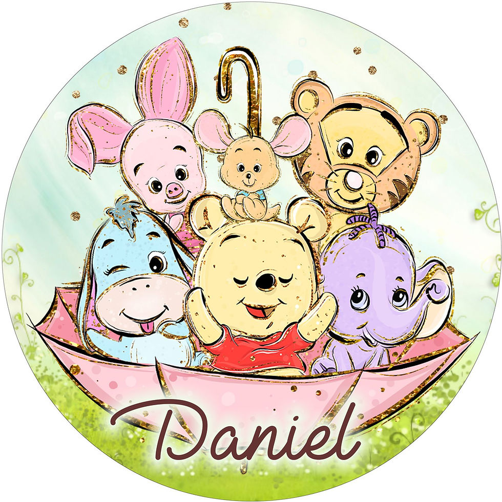 Painel redondo infantil Ursinho Pooh baby em aguarela com amigos num barquinho e nome personalizado