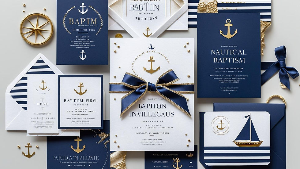 Conjunto sofisticado de convites de batismo náuticos com tipografia elegante, motivos sutis de âncora, paleta de cores azul marinho e branco, papel texturizado, detalhes em folha de ouro, elementos de papelaria com tema marítimo, detalhes em fita e elementos de design coordenados.
