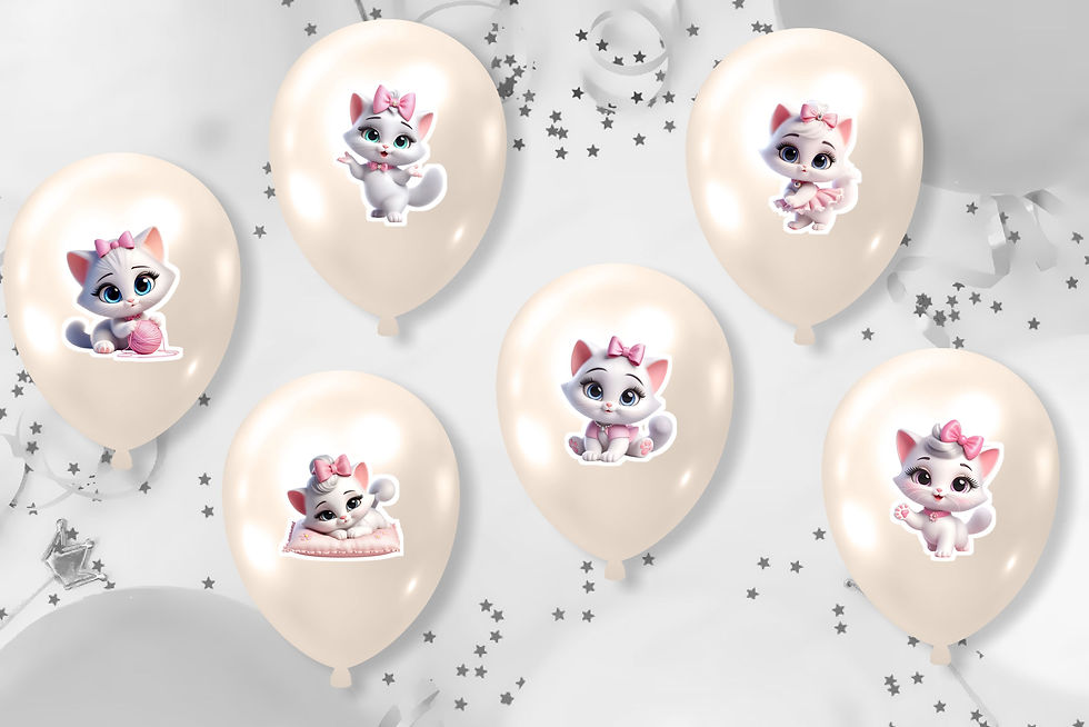 Autocolantes para balões Gatinha Marie Baby com gatinhas brancas, laços cor-de-rosa e poses delicadas para festa infantil.
