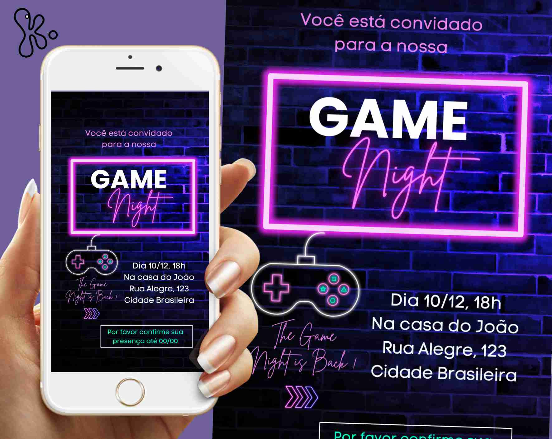 Convite Digital Game Night Neon Personalizado – Envio Rápido