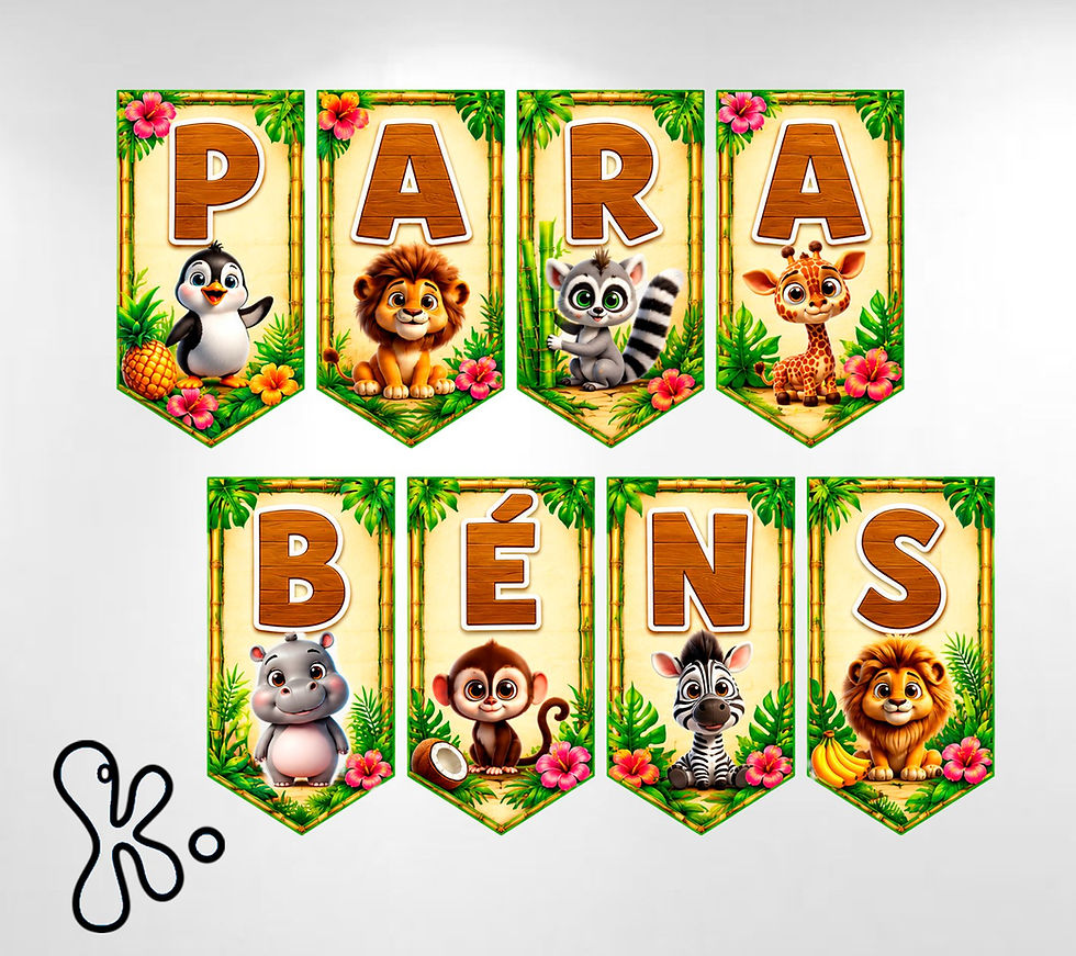 Bandeirolas Parabéns Safari com leão, zebra, girafa, macaco e animais da selva baby