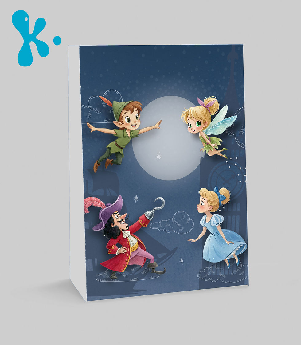 Saco lembrança Peter Pan com personagens a voar à volta da lua em fundo azul noturno