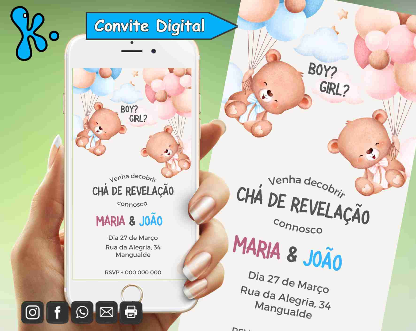 Convite Digital Chá Revelação Ursinhos com Balões