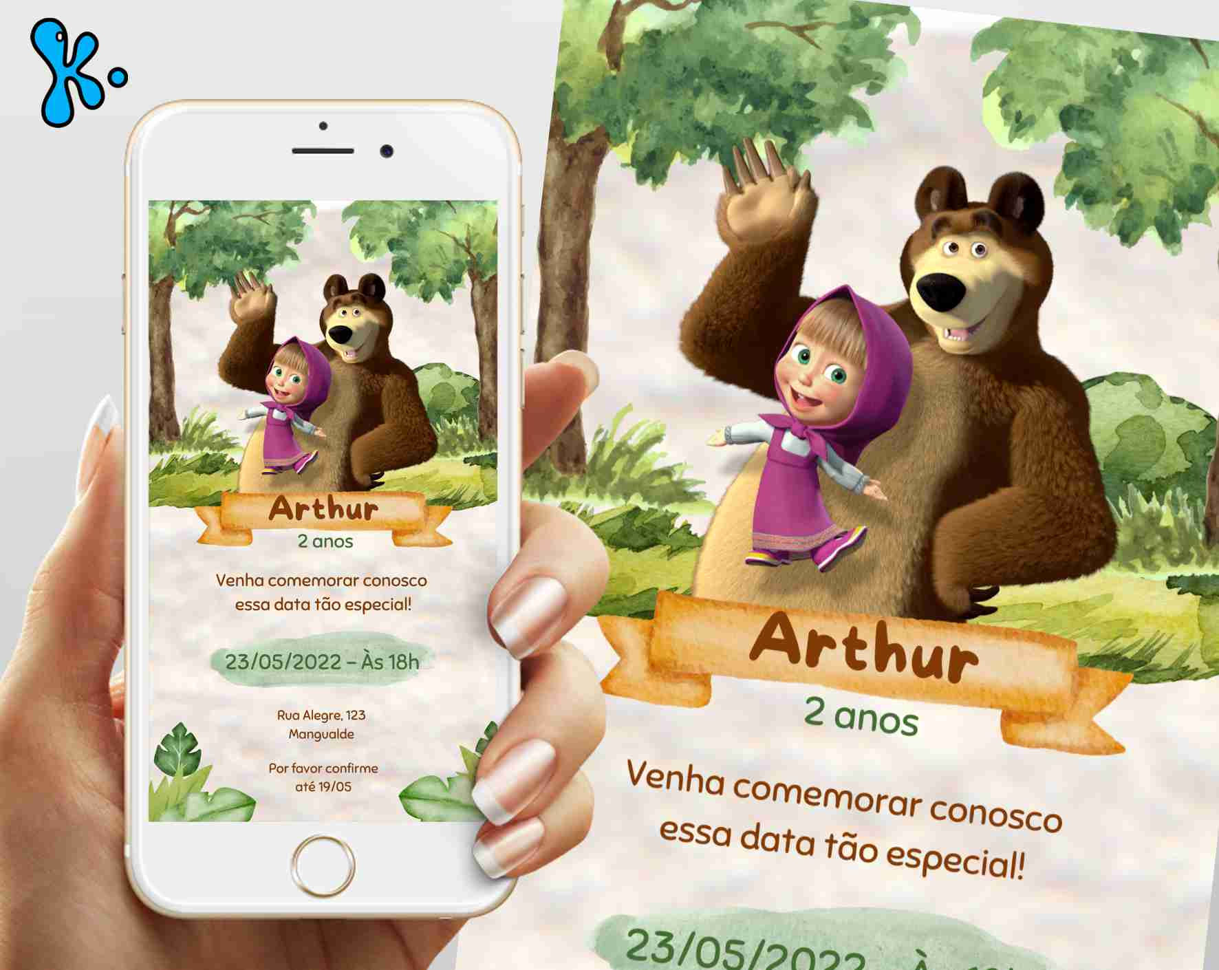 Convite Digital Masha e o Urso Personalizado – Modelo Floresta Suave para Aniversário Infantil