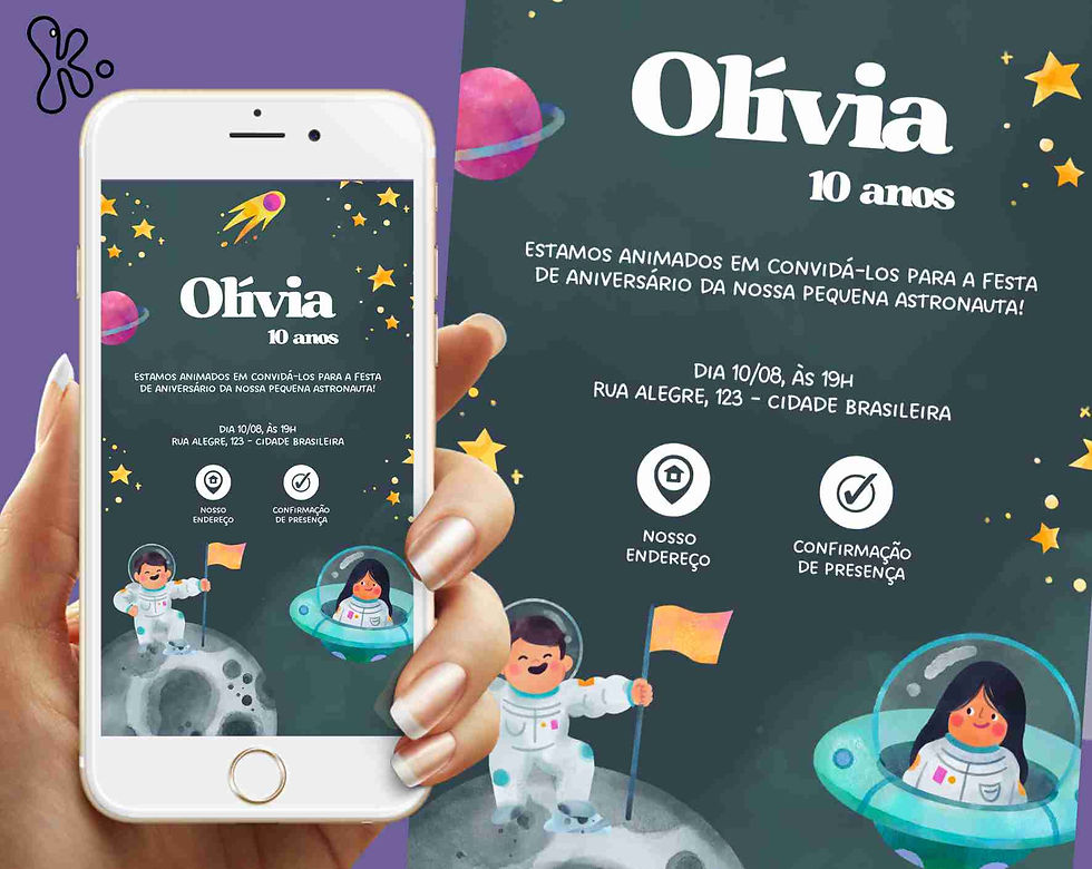 Convite digital de aniversário com tema espaço e astronautas em PDF com links e personalização