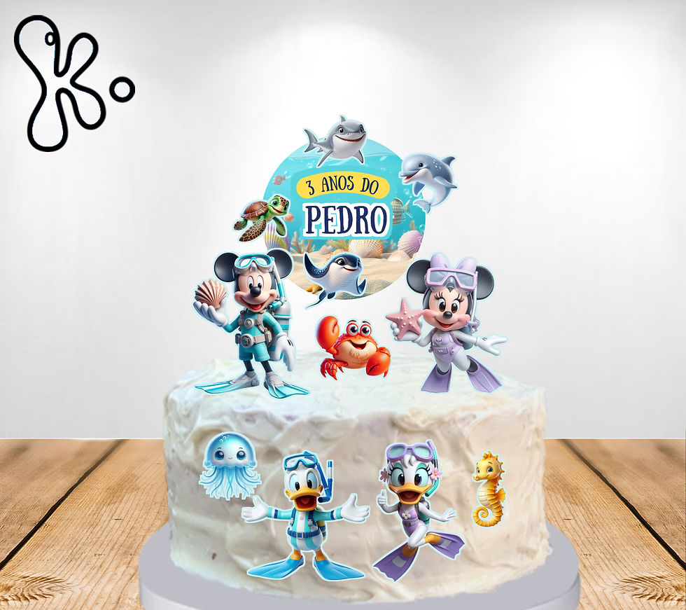 Topo de bolo Mickey e amigos no fundo do mar com nome personalizado.