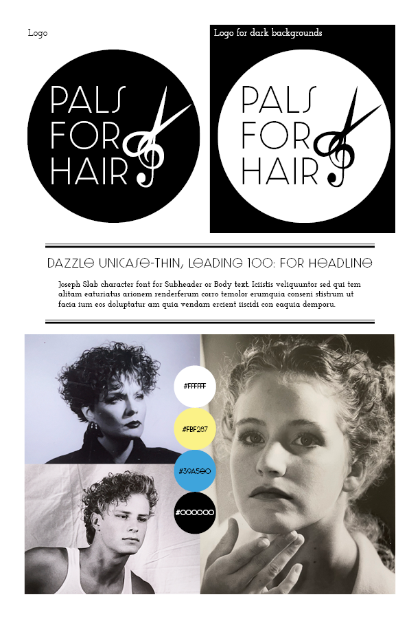 Pals for hair logo and brand identity featuring their brand colors, photographs and text attributes.
