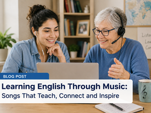 A young woman and older woman both wearing headphones listening to music on a laptop in a lesson