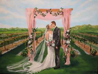 A live wedding painting by Dihel Art of a bride and bride and groom sharing their first kiss outside in front of a vineyard.