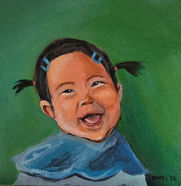 Painting by Dihel Art of a baby laughing towards the viewer.