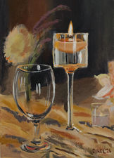 A painting by Dihel Art of an empty water glass and a lit candle sitting on a table.