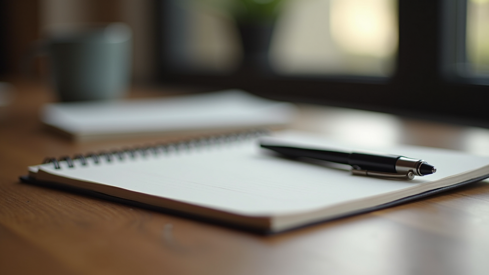 Eye-level view of a simple journal and pen on a wooden table