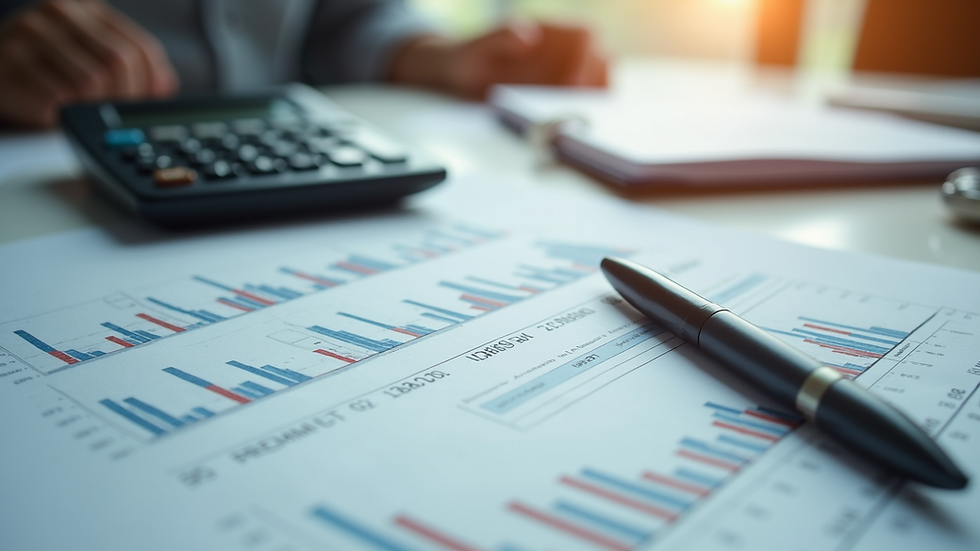 Close-up view of a stack of financial documents and a calculator