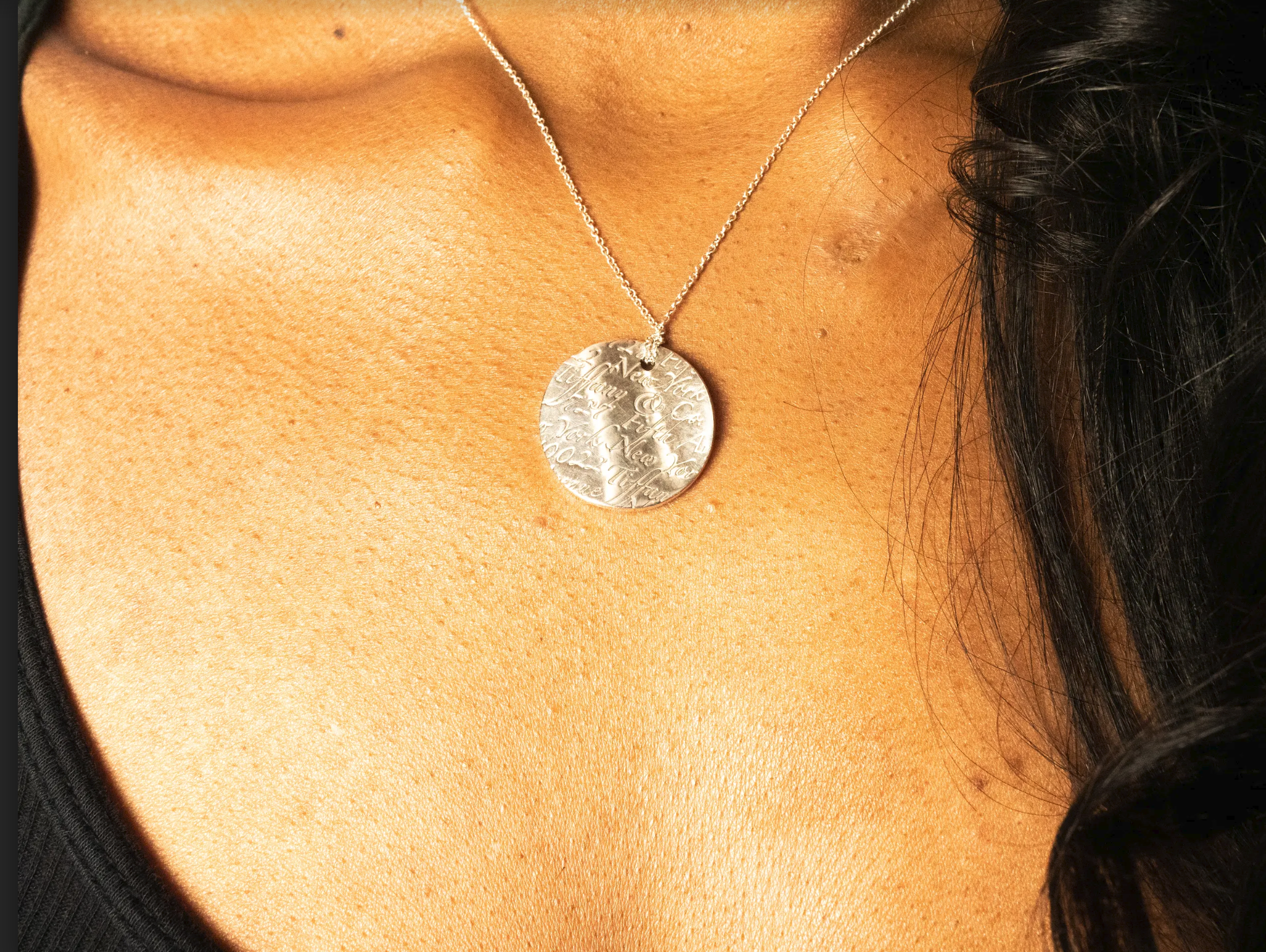 TIFFANY & CO  Sterling Silver Notes 5th Ave Address Round Large Pendant Necklace