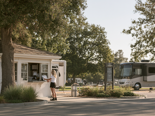 A friendly staff member welcoming an arriving guest at a well-maintained campground check-in area, illustrating a five-star arrival experience.