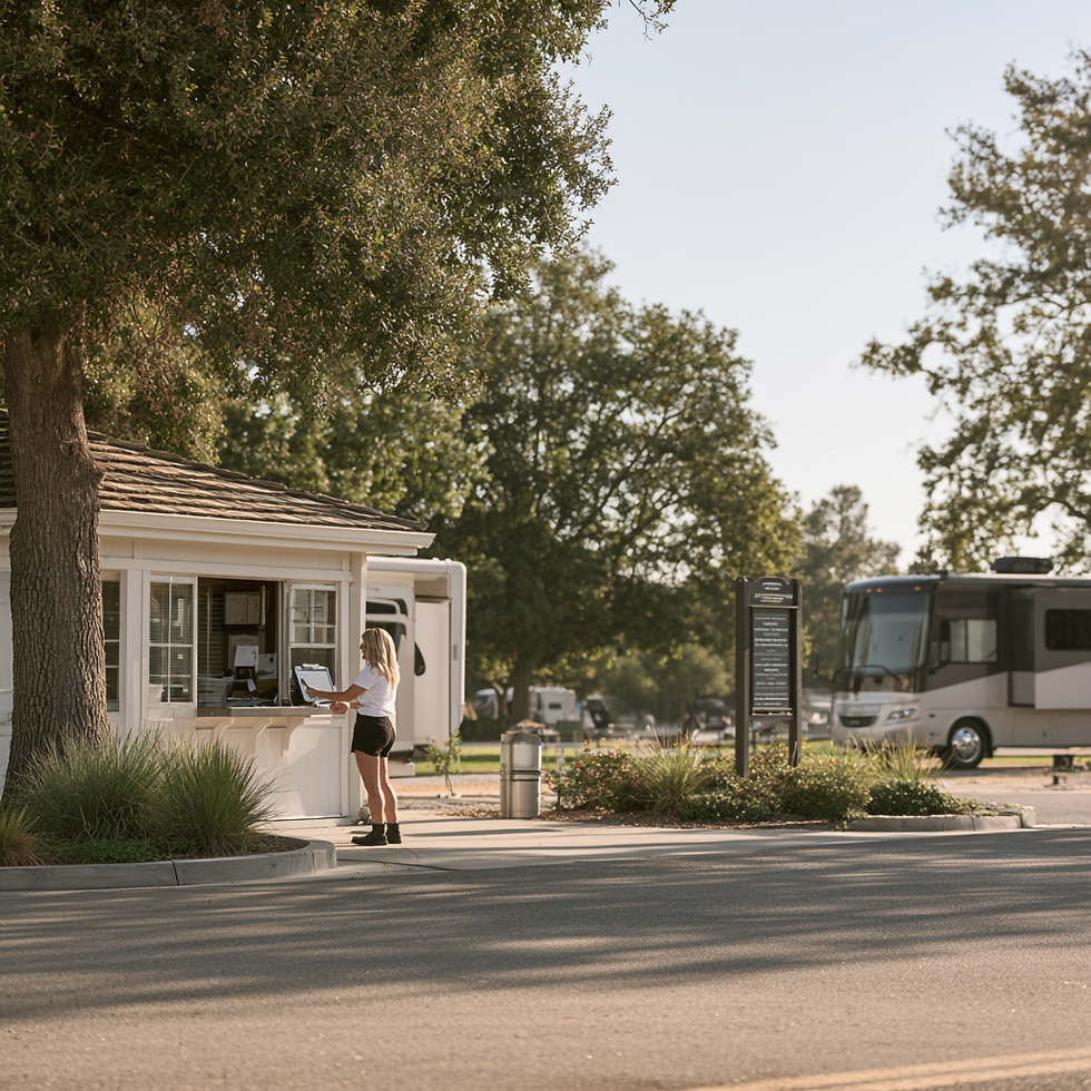 A friendly staff member welcoming an arriving guest at a well-maintained campground check-in area, illustrating a five-star arrival experience.