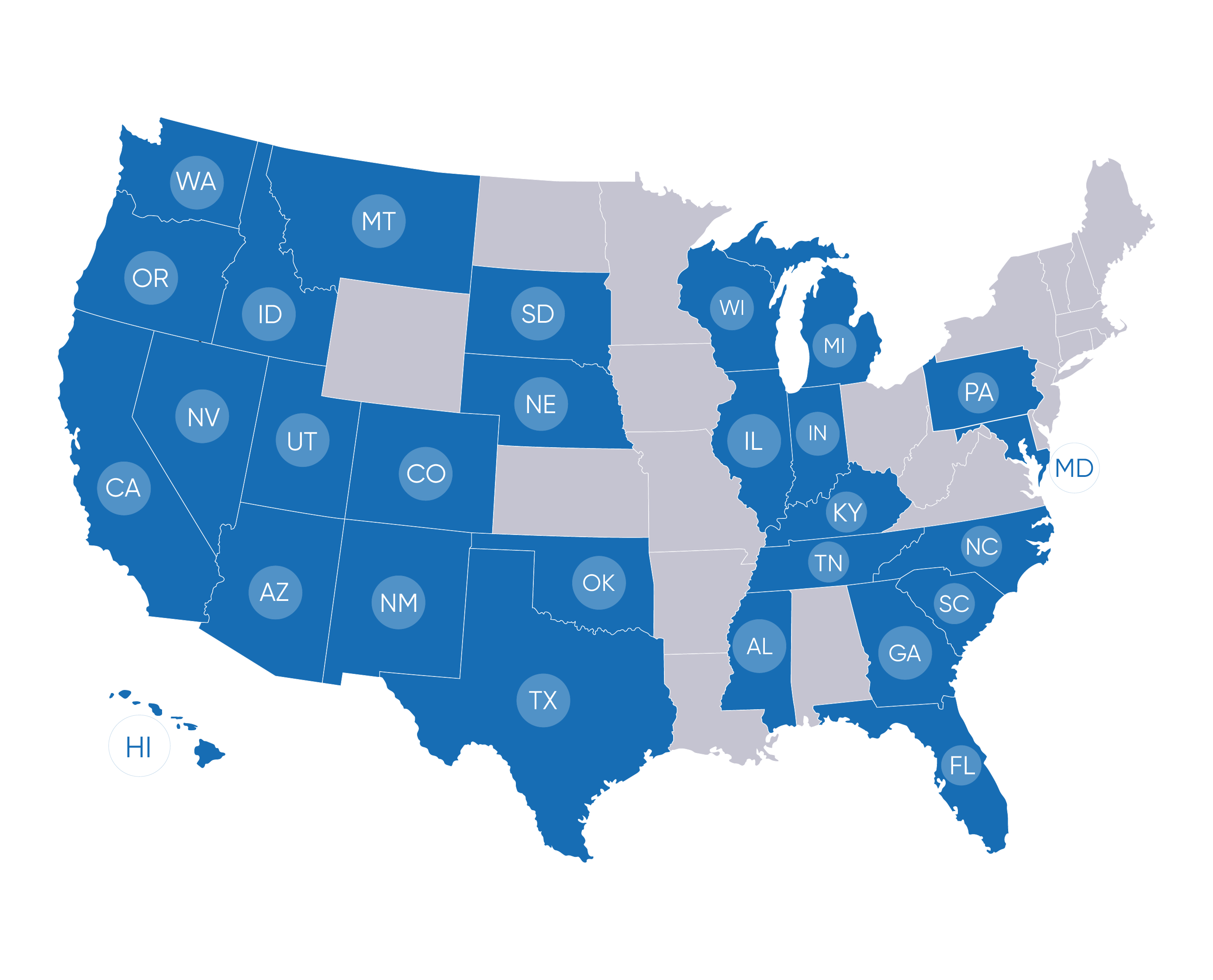 Map of the United States with Franklin Loan Center licensed states highlighted
