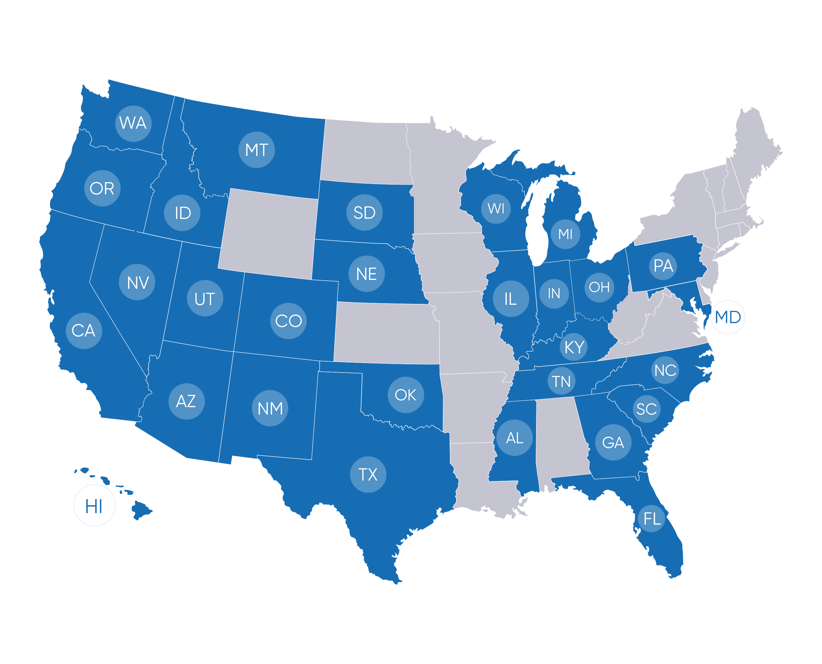 Map of the United States with Franklin Loan Center licensed states highlighted