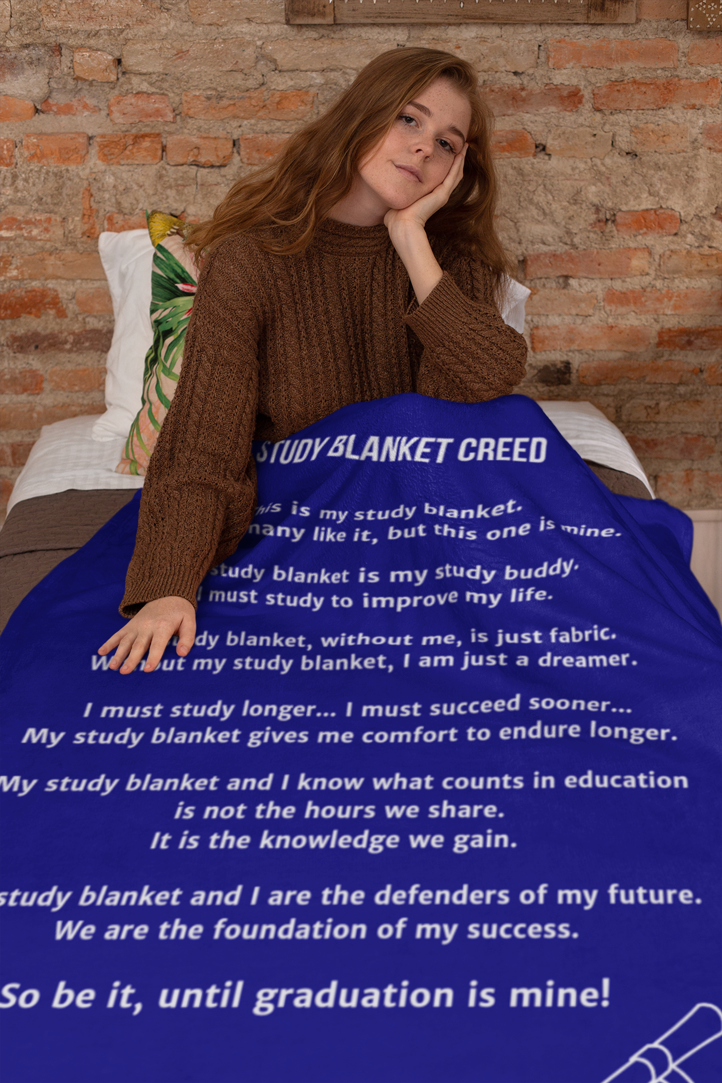 Plush Blanket with Study Blanket Creed - Motivational for Students - Navy Blue
