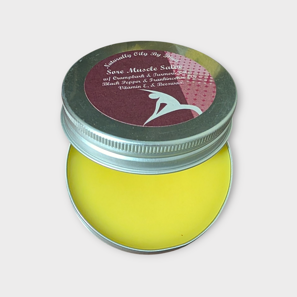Naturally Oily Sore Muscle Salve jar with text and sore muscles on display.