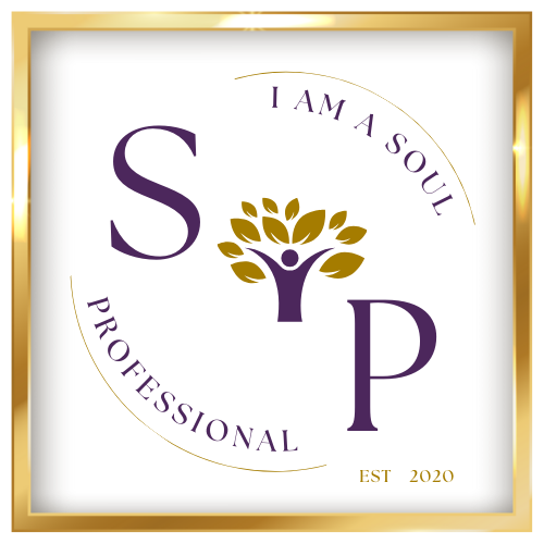A badge with large purple letters 'S' and 'P' and a tree-like figure in the center, where the trunk is a person with outstretched arms and gold leaves. The text 'I AM A SOUL PROFESSIONAL' curves around the design, with 'EST 2020' at the bottom right. The badge has a white background and a gold frame.