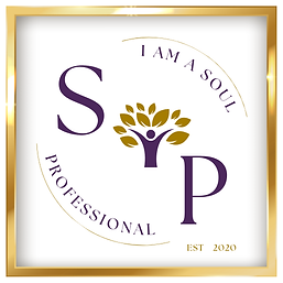 A badge with large purple letters 'S' and 'P' and a tree-like figure in the center, where the trunk is a person with outstret