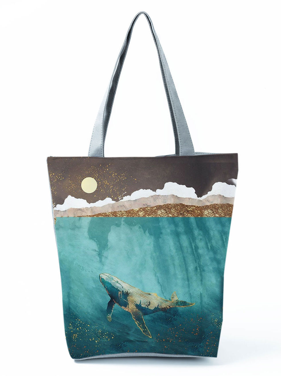 Thumbnail: Tote bag featuring a whale swimming under a night moon