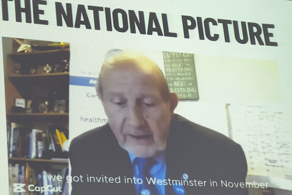 Raymond Martin speaking virtually titled "THE NATIONAL PICTURE." Text on screen reads, "We got invited into Westminster in November."
