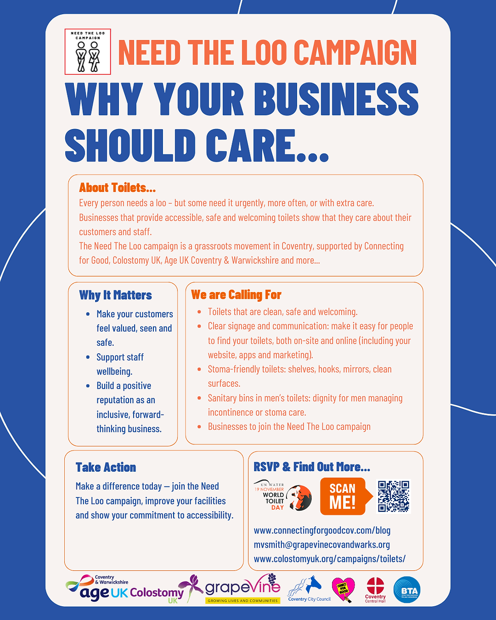 Need the Loo Campaign poster in blue and orange urges businesses to improve toilet accessibility, highlighting benefits and providing action steps.