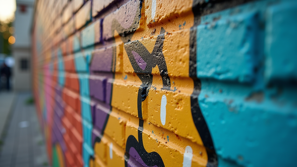 Close-up view of a colorful mural on a brick wall