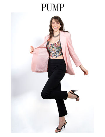 a woman is wearing a pink jacket and black pants with the word pump above her