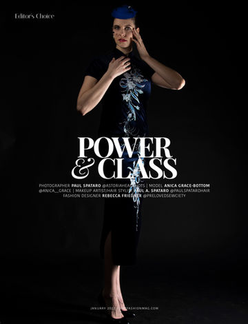 a woman in a black dress is featured on the cover of a magazine called power & class