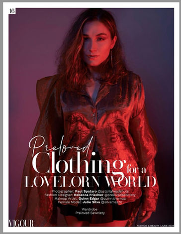 a woman is on the cover of a magazine titled preloved clothing for a lovelorn world