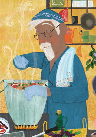 Picture book illustration of Indian man cooking fig curry in a kitchen by Kim Geyer