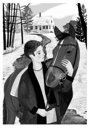 Black and white illustration of boy with horse in snow landscaped with trees and house in background for 