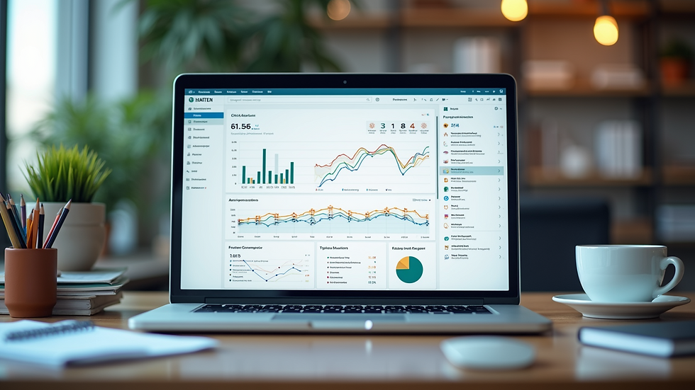 Eye-level view of a modern office desk with a laptop displaying CRM analytics