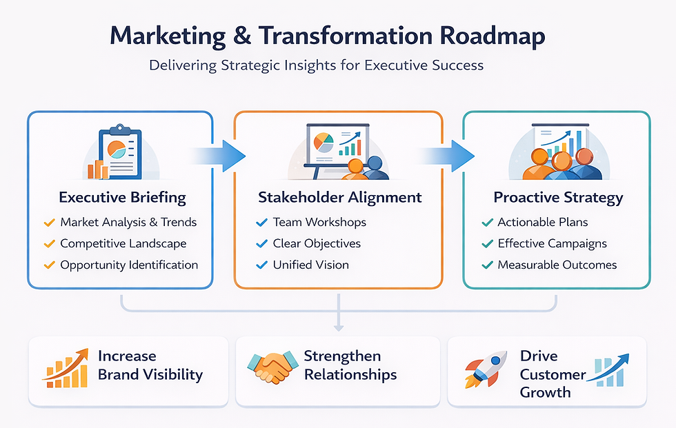 Marketing & Transformation Roadmap showing an executive briefing, stakeholder alignment, and a proactive marketing and communication strategy with anticipated results, including increased brand visibility, strengthened relationships, and customer growth.