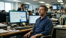 Trabajador cerrando los ojos frente a su computadora para realizar una pausa consciente y regular el estrés provocado por un entorno laboral hostil