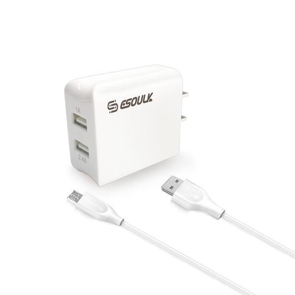 Thumbnail: Esoulk 12W 2.4A Dual USB Travel Wall Charger With 5FT Micro USB Charging Cable