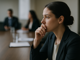 Mulher refletindo em uma reunião de trabalho, hesitando antes de se posicionar, representando o tema "por que você se cala".