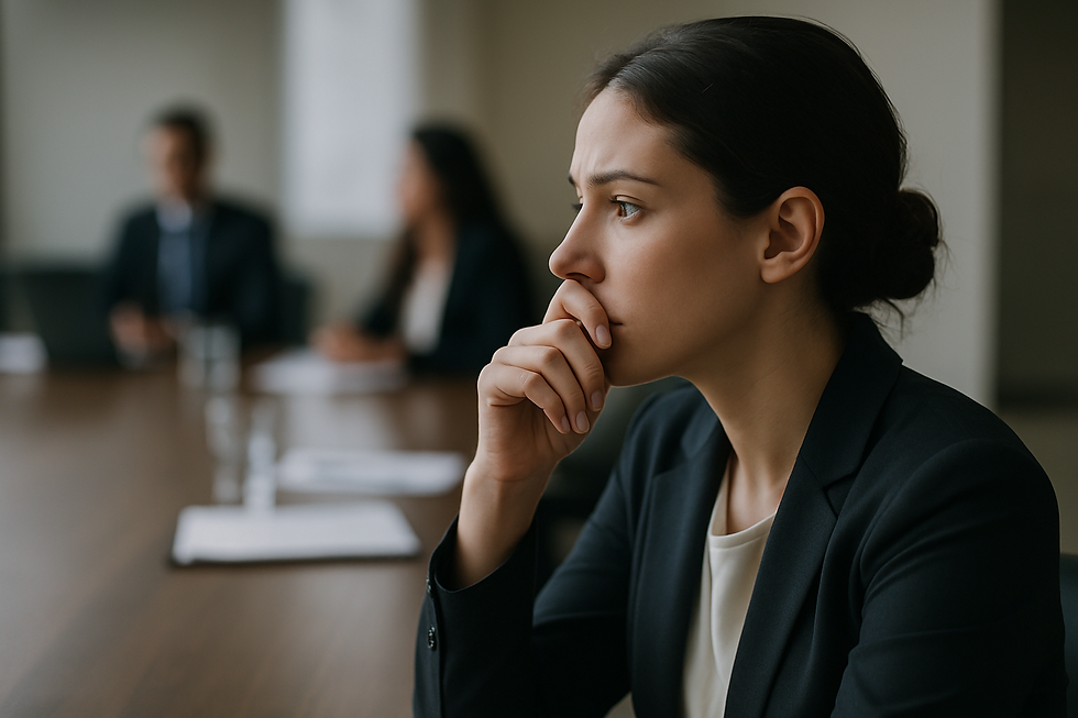 Mulher refletindo em uma reunião de trabalho, hesitando antes de se posicionar, representando o tema "por que você se cala".