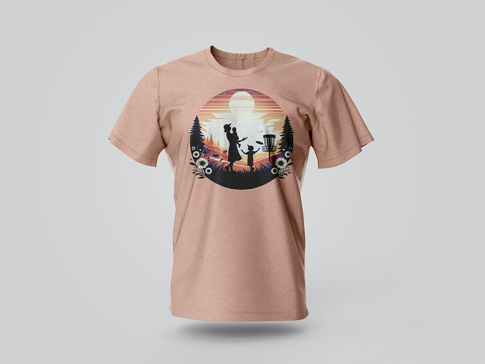 mothers day family sunset shirt, shows a mother and her two children on the disc golf course
