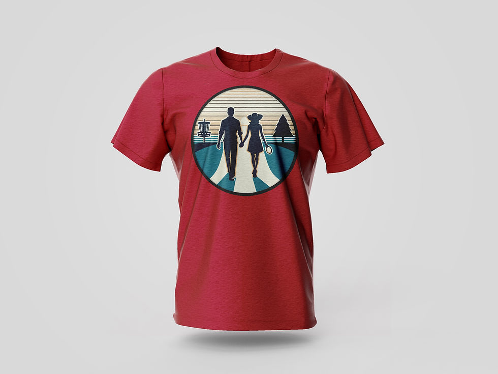 love on the course shirt, shows a couple holding hands on the disc golf course
